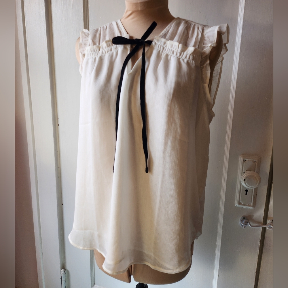 NWT LOFT Cream White Chiffon Sleeveless Tie-Neck Blouse with Black Velvet Ribbon